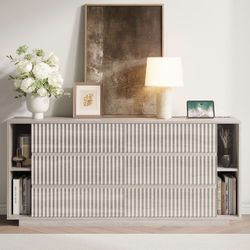 63 Inch Fluted 6 Drawers Dresser with Shelves, White Alder