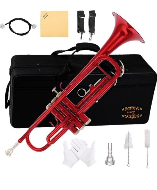 Glory Bb Trumpet - Trumpets for Beginner or Advanced Student with Case, pair of gloves-Red