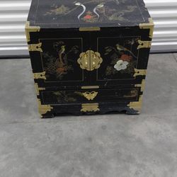 Black Lacquered and Brass Mounted Chinoiserie Decorated Side Cabinet