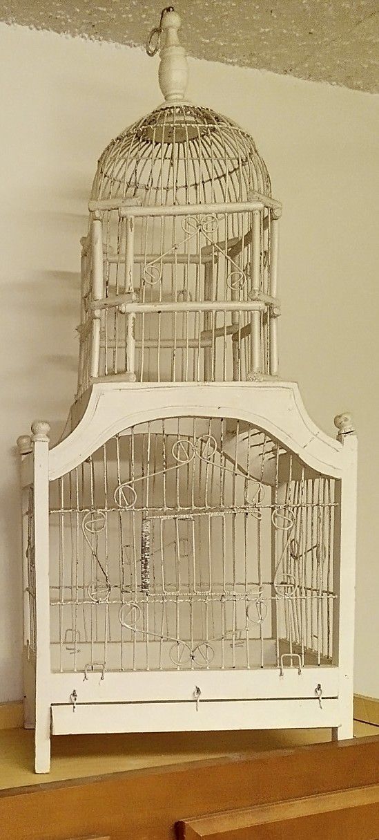 Vintage White Wooden Wire Cathedral Style Birdcage