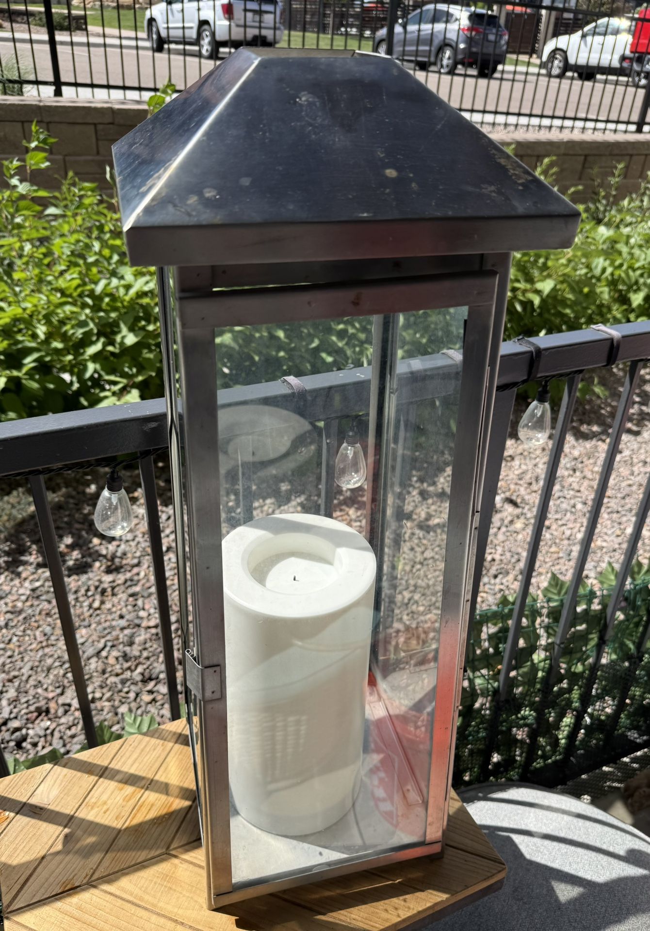 Large Outdoor Metal & Glass Lantern with LED Candle - Modern Patio Decor