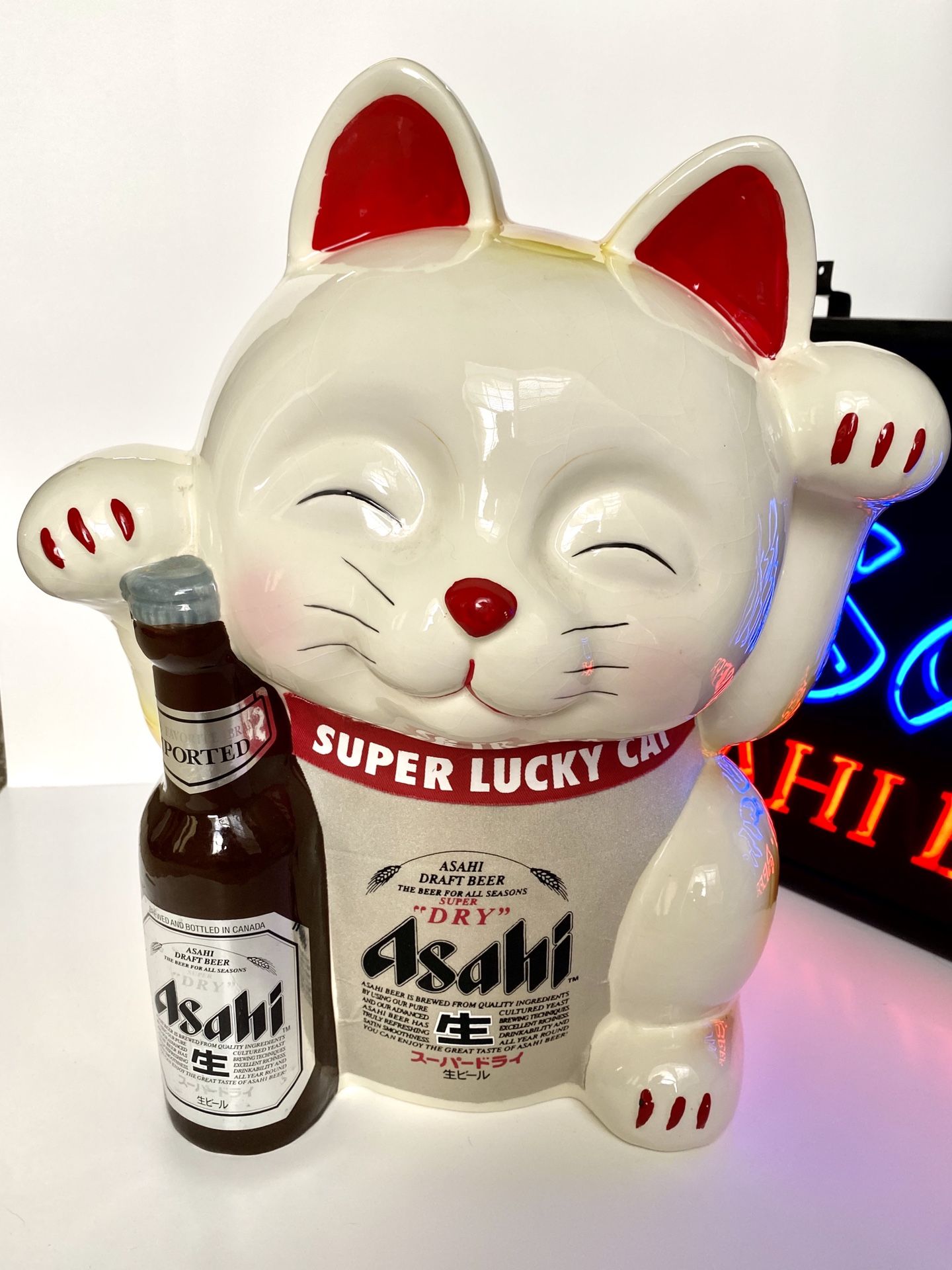 Vintage Asahi super dry lucky cat Maneki Neko 12” Tall