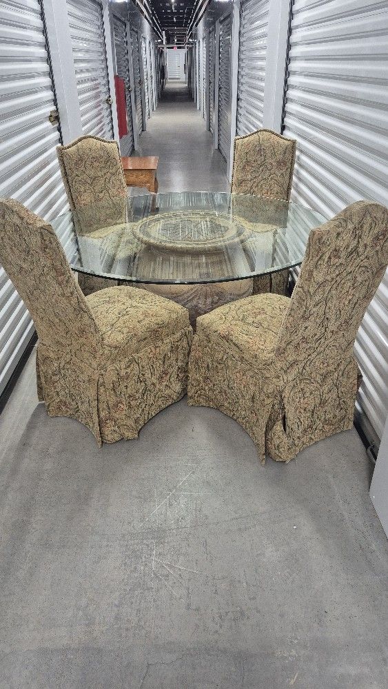 Round Glass Top Dining Table & 4 Upholstered Chairs – Ornate Round Column Base