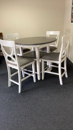 5 piece Dining Set Counter height all gray or white and gray table with two storage shelves and 4 chairs pick up delivery available