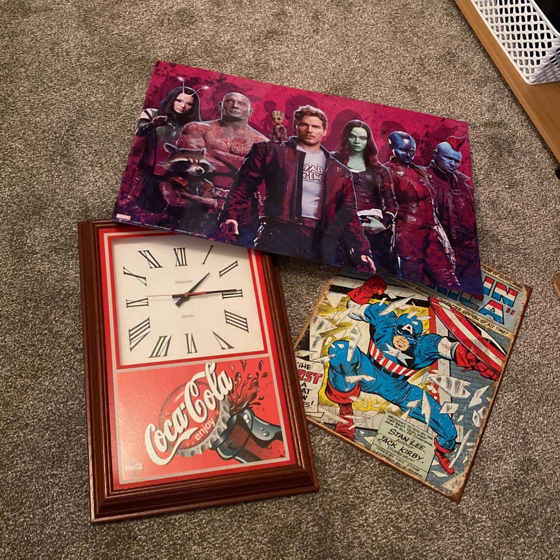 Coca Cola Clock, Guardians Of The Galaxy & Captain America Tin Signs