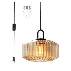 7290: New Amber Plug in Pendant Light, Hanging Lamps for Living Room Plug in Glass Globe Pendant Light, Modern Plug in Cord Pendant Hanging Light