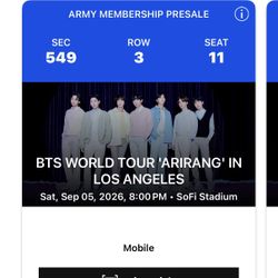 4x BTS Concert WORLD TOUR 'ARIRANG' IN LOS ANGELES Saturday, Sep 05, 2026, 8:00 PM SoFi Stadium Tickets