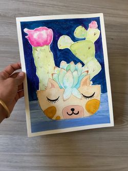 Original Watercolor Painting Cactus Cat Pot