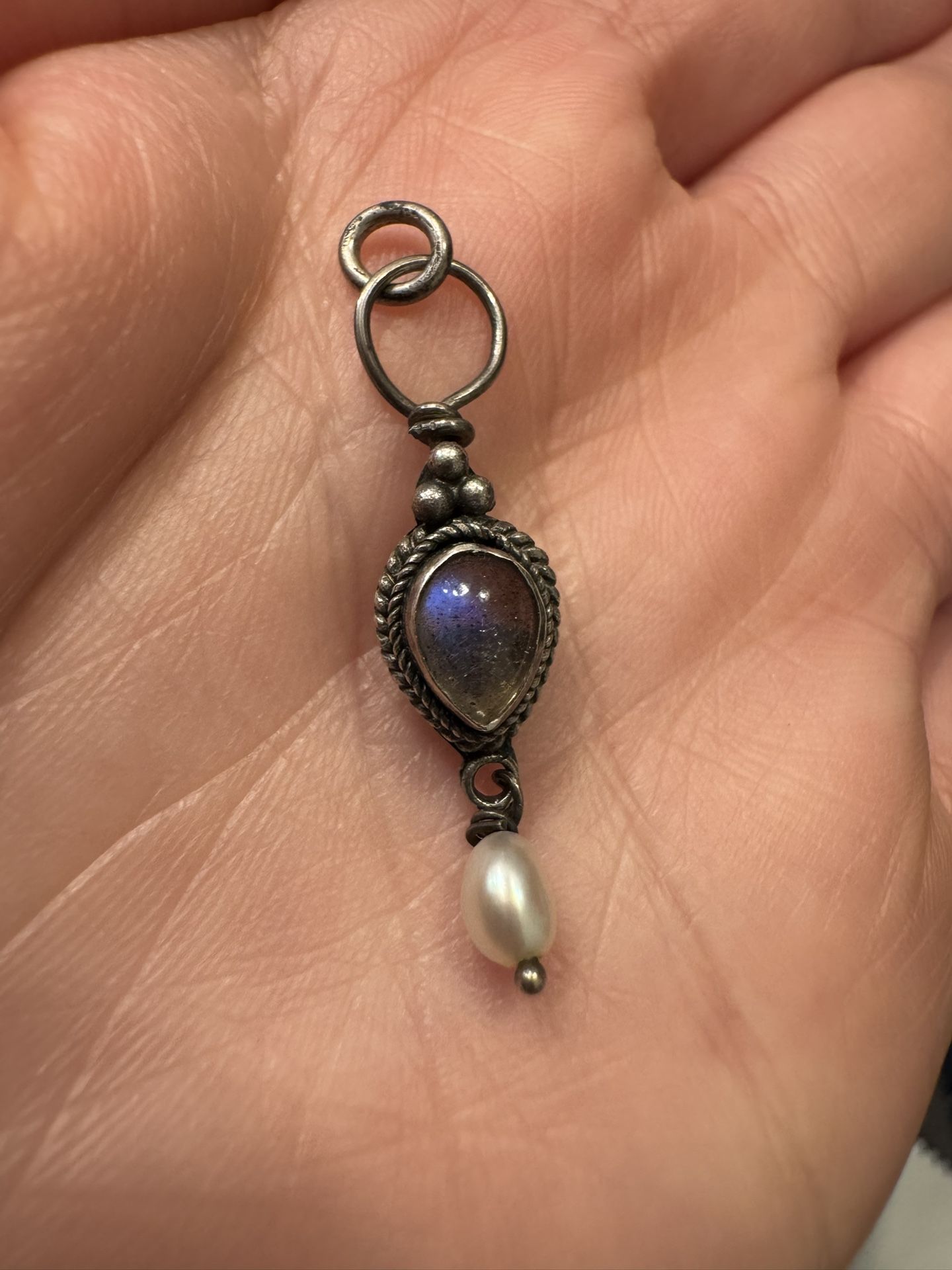 Sterling Silver Labradorite & Pearl Pendant – Boho Vintage Teardrop Dangle Charm 925