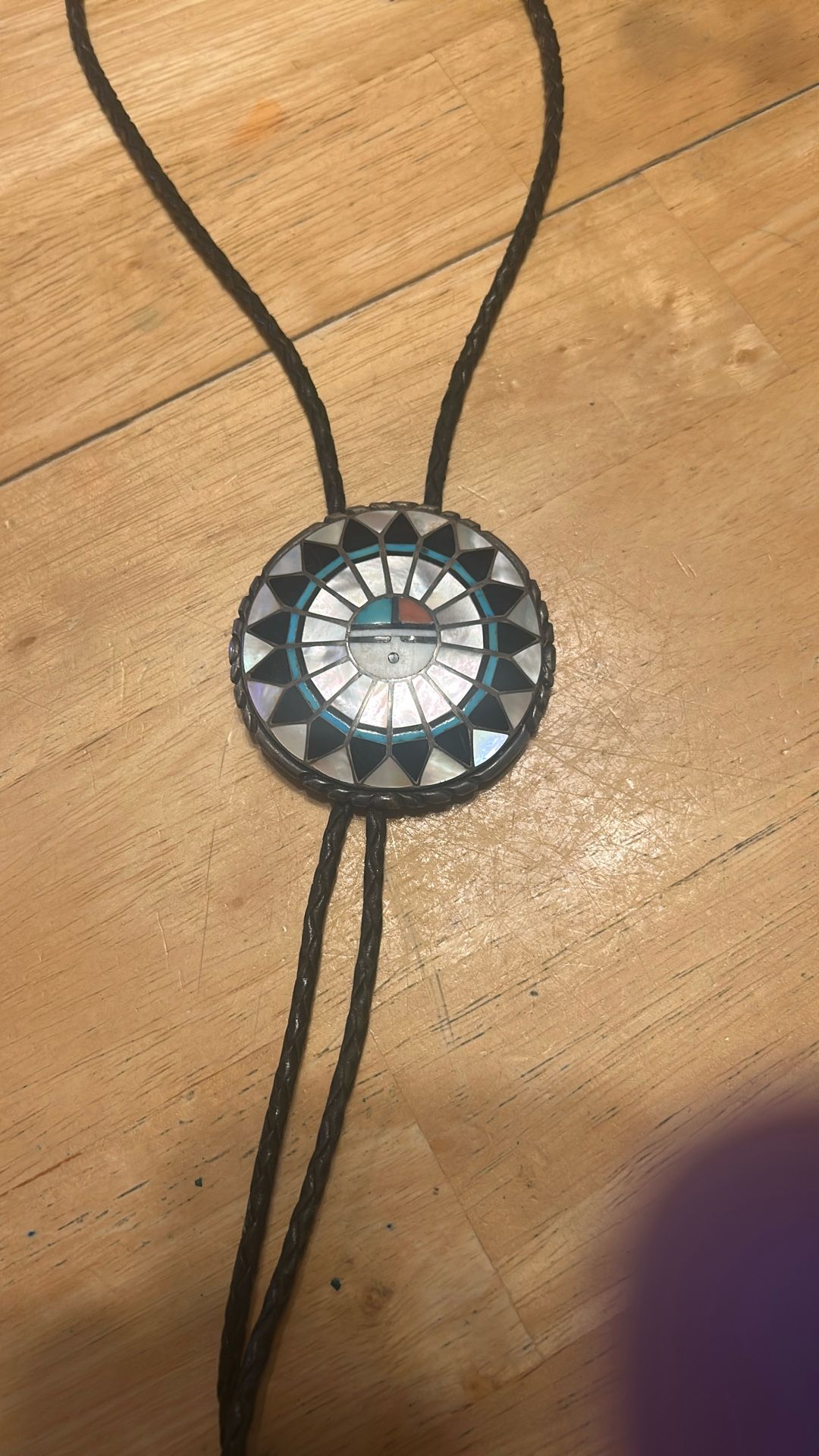 HUGE AUTHENTIC VINTAGE NATIVE AMERICAN ZUNI TURQUOISE CORAL STERLING SILVER BOLO TIE