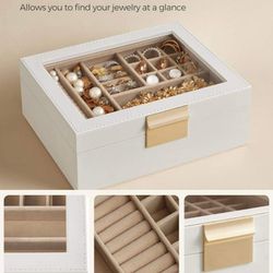 Jewelry Box with Glass Lid, 2-Layer Jewelry Organizer with Removable Tray
