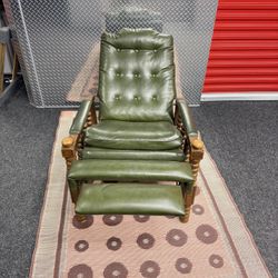 Vintage Green Leather Recliner Chair with Ottoman