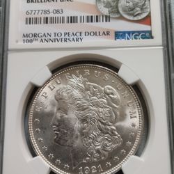 BU 1921 Uncirculated Morgan Silver Dollar NGC SPECIAL LABEL 2021 100th Anniversary