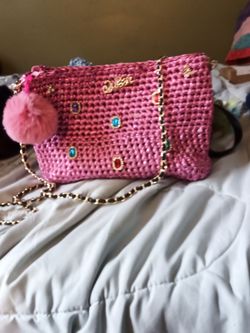 Unique pink stylish handmade crochet purse decorative with fancy strap and pom pom