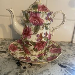 Rose Chintz  bone china teapot pink cabbage roses 7 in tall tea for one