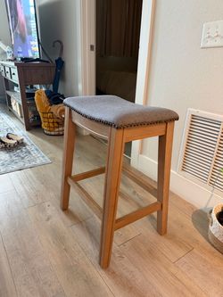 Set of 3 Wood Bar Stools with Gray Upholstered Seats