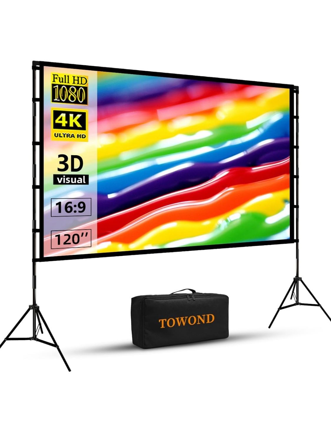 Projector Screen and Stand, Towond 120 inch Portable Projector Screen Indoor Outdoor Movie Screen 16:9 4K HD Wrinkle-Free Lightweight Projection Scree