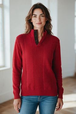 Chaps Womens Red Pullover Sweater Mock Neck Button Collar Elbow Patch Large