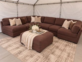 Large Brown Fabric Sectional Sofa with Ottoman