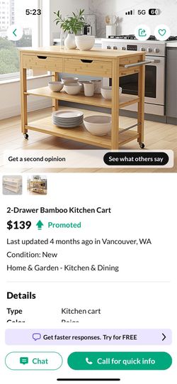 2 - Drawer Bamboo kitchen cart