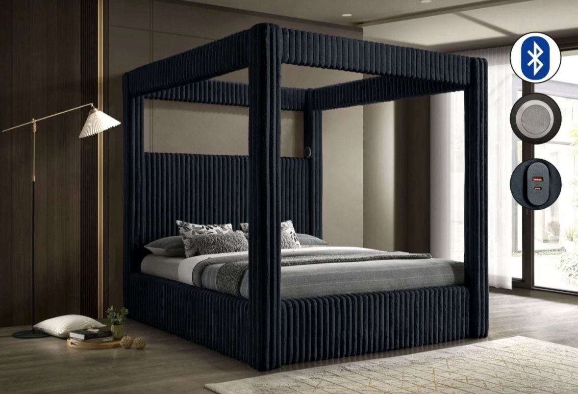 NEW Black Canopy Bed Frame Queen Size Bluetooth Speakers USB FINANCE Available $54