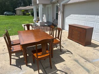 Wood Dining Table with 6 Chairs, built in leaf and antique buffet with delivery locally!