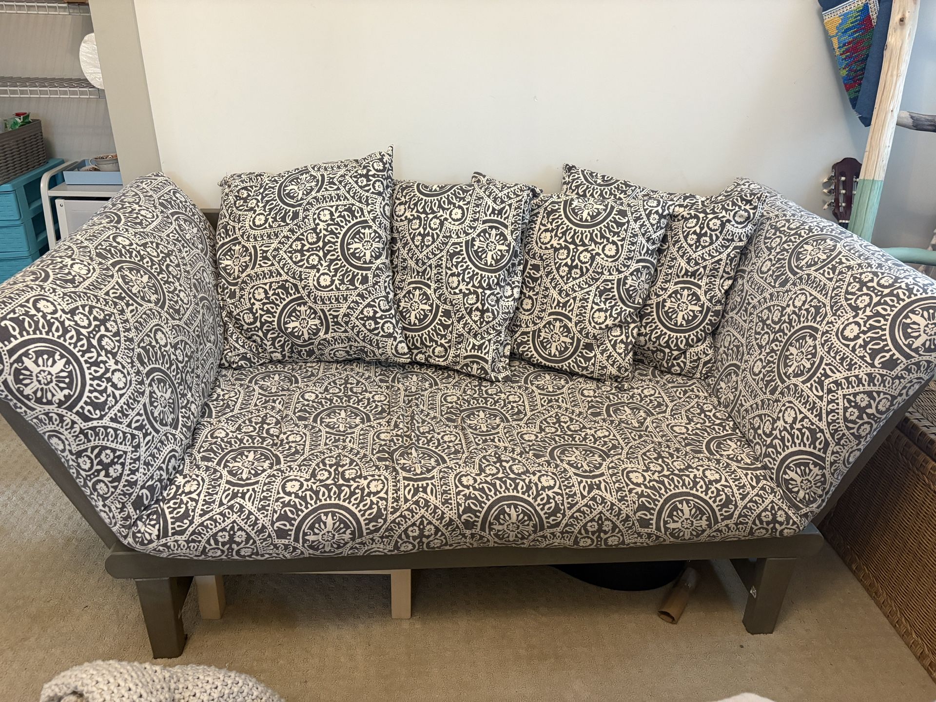 World Market Studio Day Sofa Twin Futon Gray With Gray Pattern Slipcover Acacia Wood