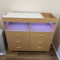 Baby Changing Table Dresser with Power Outlet & LED Light, 6-Drawer Nursery Organizer with Metal Fee