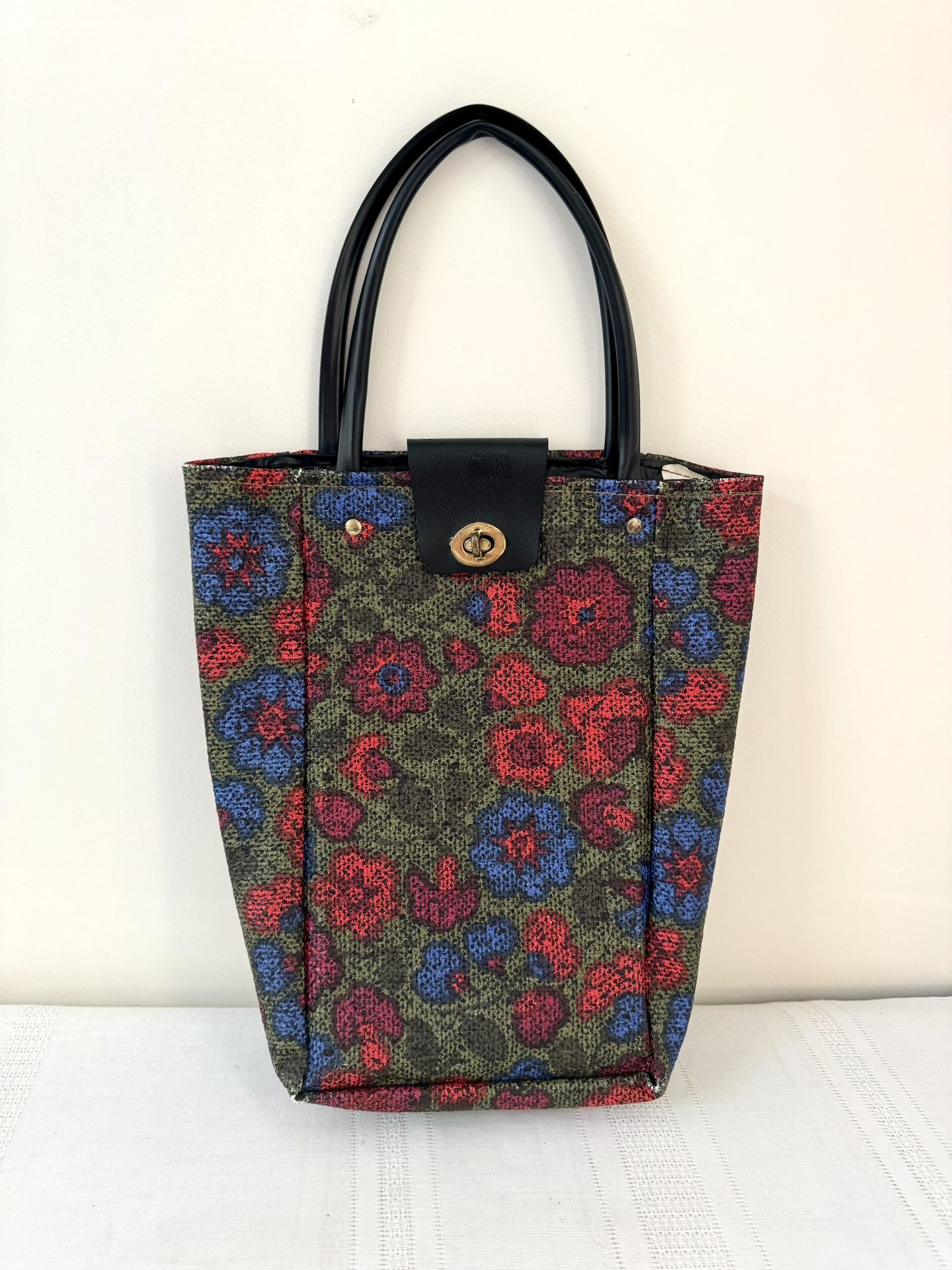 Vtg J.W. Frederick Floral Vinyl Tote Bag, Brass Turn Lock, 1960s/70s Boston MA