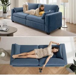 Loveseat Sofa for Living Room, Removable Cover, Spring Cushions, Solid Wood Frame, Wide Armrest, Chenille Fabric Recliner Couches for Small Space (Blu