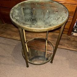 Small Vintage Round Gold & Glass End Decorative Table, Used