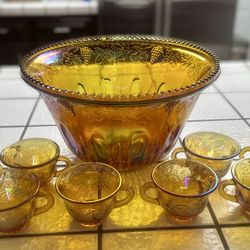 Vintage Indiana Glass Gold Harvest Carnival Glass Punch Bowl W Six Cups