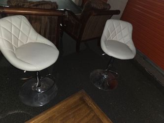 : Pair of Modern Adjustable Bar Stools - White Faux Leather (Set of 2