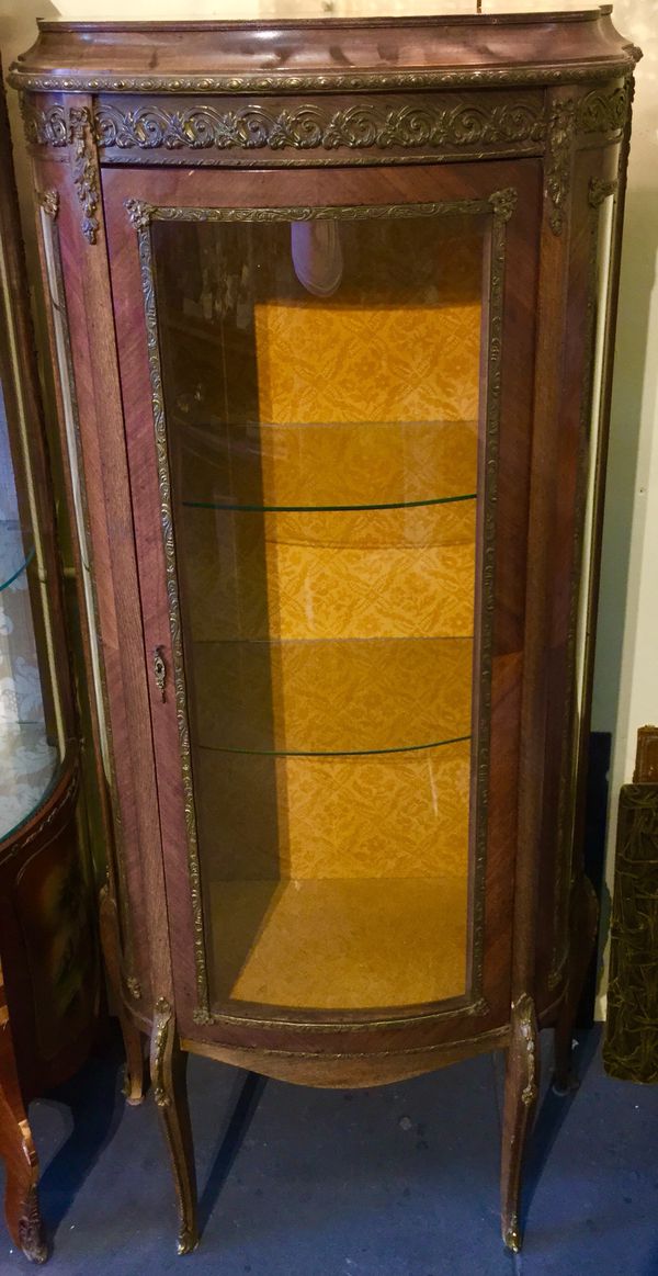 Antique And Authentic Curved Glass Curio Cabinet With Gold Trim