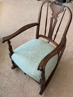Antique Rocking Chair No. 372-48 Made by Phoenix Chair Co. in Sheboygan, Wisconsin, Upholstery is in Great Shape, Chipped Wood in One of the Armrests