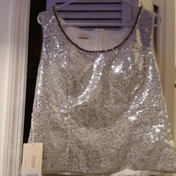 New Silver Sequin Lined Top With Built In Bra Size 18