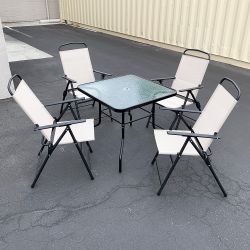$100 (New) Patio 5pcs dining set with 32x32” table and 4pc folding chairs, outdoor furniture