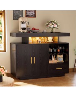 #P1 IRONCK Coffee Bar Cabinet with Storage, Buffet Cabinet with Outlet, Black