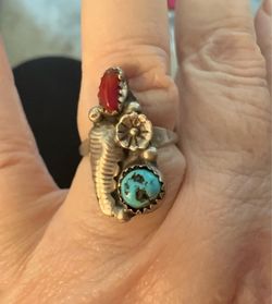 Navajo Sterling silver turquoise, coral handmade ring, size 7