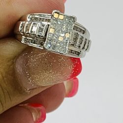 14k White Gold Engagement Ring Princess Cut Baguette Diamond 