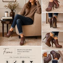 Fioni Stiletto Heels Size 8 Brown Faux Leather Platform Y2K Ankle Booties Button