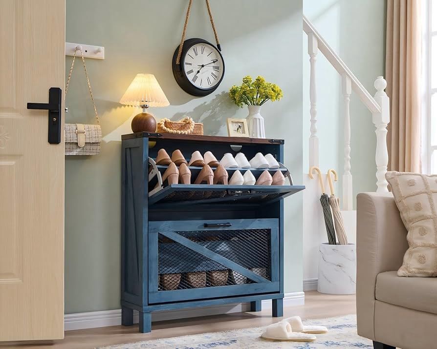 Farmhouse Shoe Cabinet, Narrow Shoe Storage Cabinet with 2 Flip Drawers & Adjustable Shelves, Industrial Wood Shoe Organizer, Rustic Shoe Rac