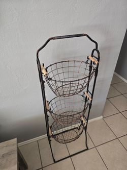 French Country 3 Tier Metal Fruit Stand With Removable Baskets 48" H x 16" W Bronze/Copper Color