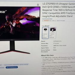 NEW LG Gaming Monitor 27”  Model number 27GP850-B Ultragear