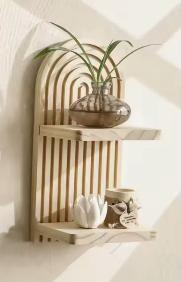 Wooden Arch Wall Shelf - 2-tier Natural Wood Floating Shelves, Home Decor Storage Organizer Display, Plants Decorative Shelf