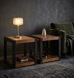 Industrial Wood and Metal End Tables – Set of 2