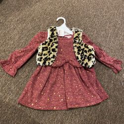 Infant baby girls 3 T Mauve Gold Dress Outfit With Faux fur Tiger Vest