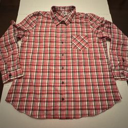 Pre Owned Excellent  Zumba Wear Button  Long Sleeve Shirt Plaid Printed Red White Silver Women  Size Large   