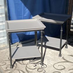 Pair of end tables iron and wood. Gray wood and dark iron. Sturdy