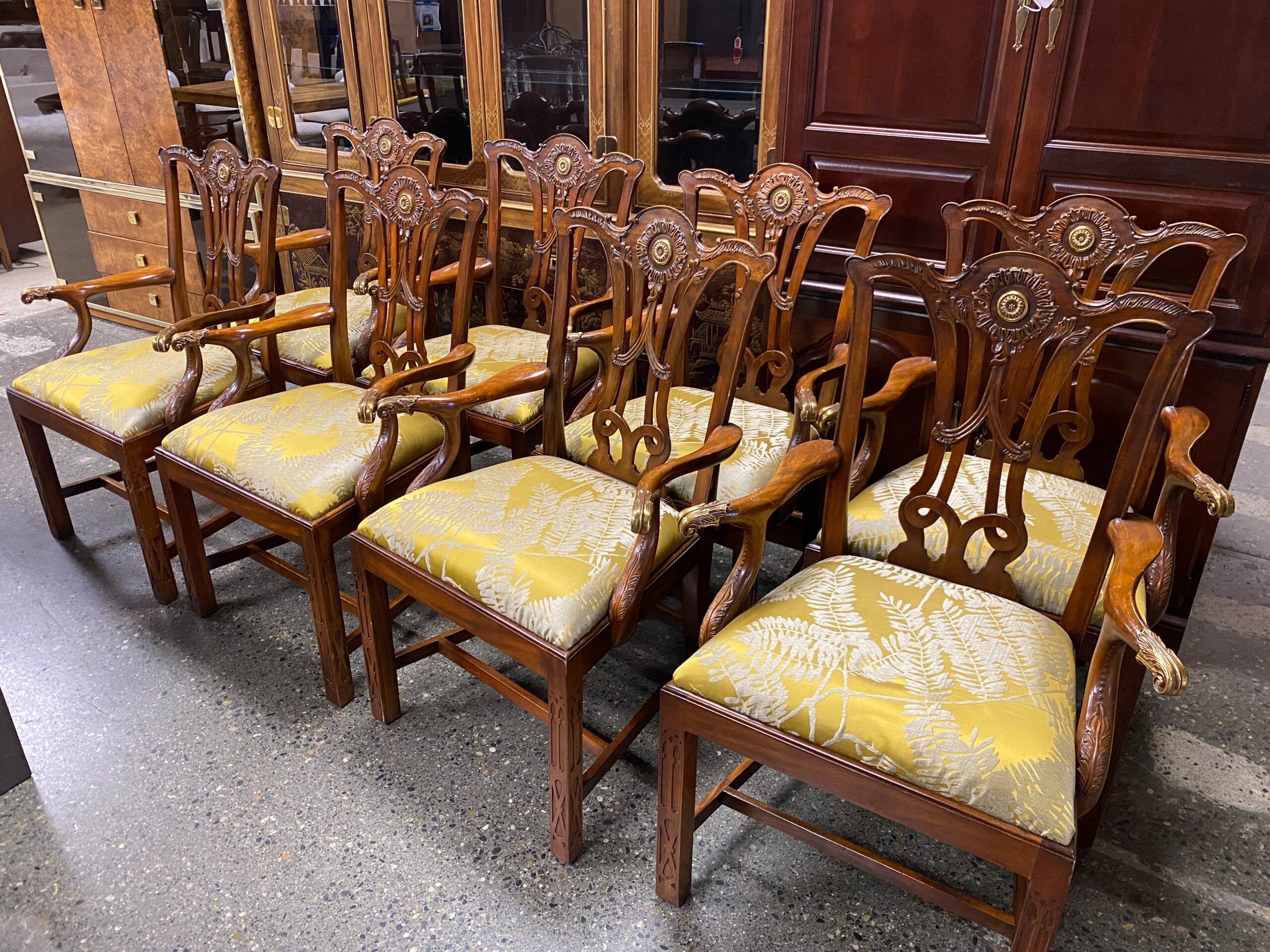 MAITLAND SMITH Intricately Carved Dining Armchair w/ Golden Fern Patterned Cushion (Set of 8)